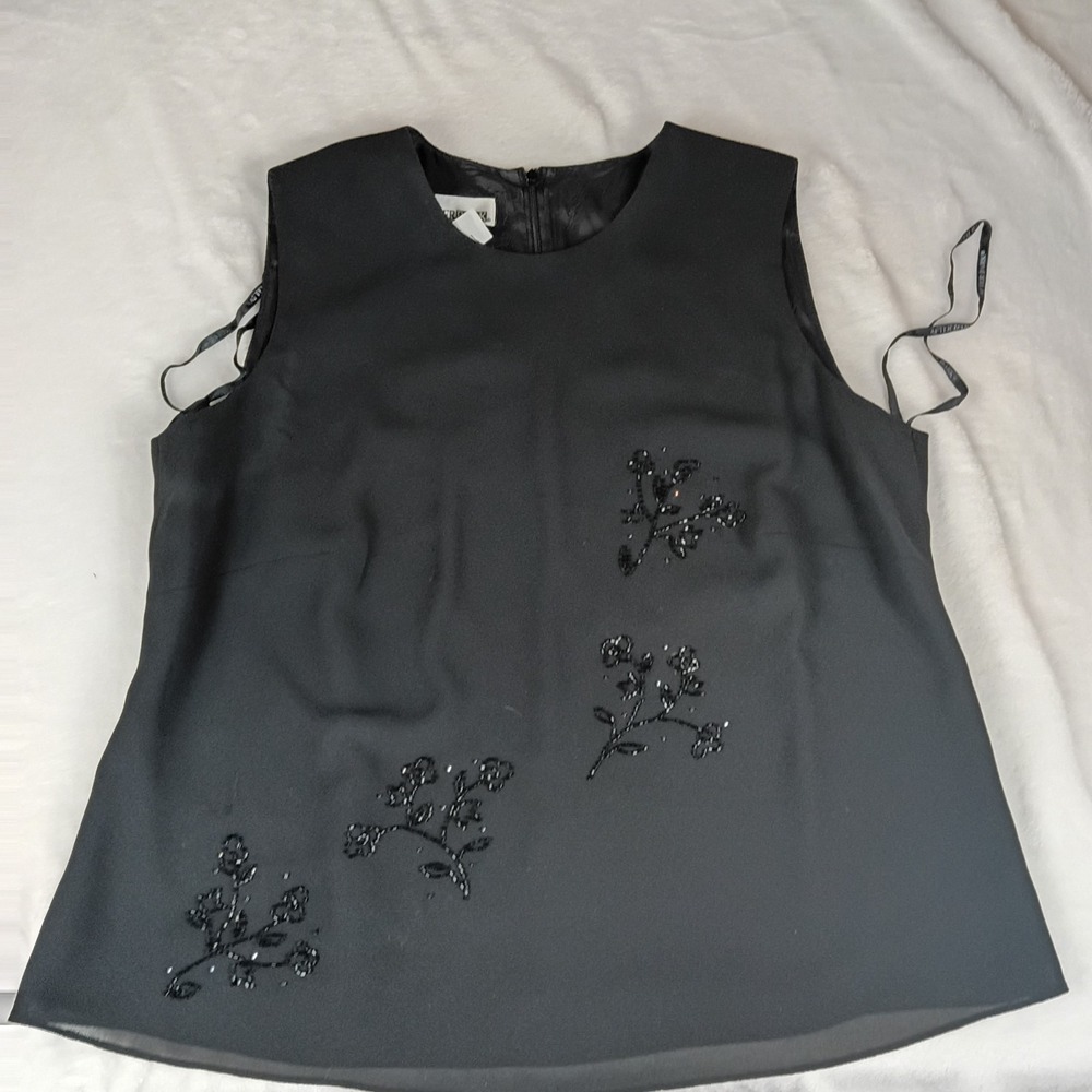 After Dark Blouse Top Women's 1X Black Floral Lined Beaded Sleeveless Back Zip